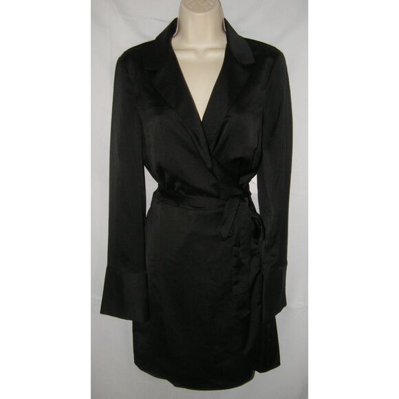NWT Black Sz Medium Church Office EDEN Style Silky Mini Wraparound Dress GUESS - Picture 4 of 7